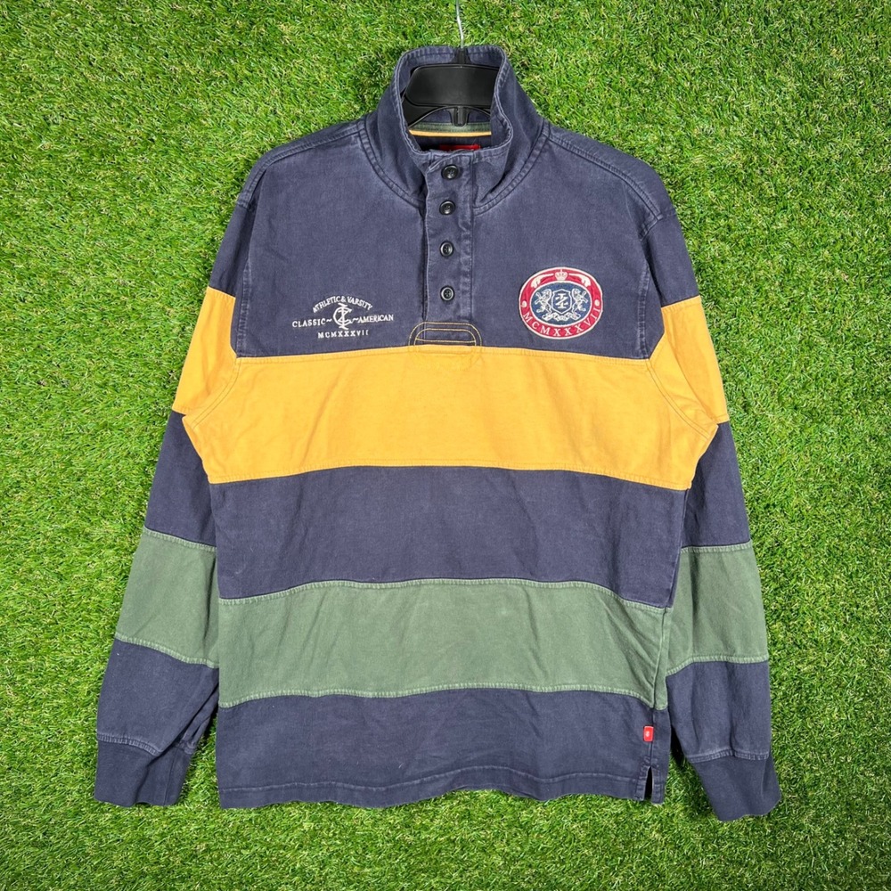 IZOD Mens Rugby Shirt Medium Navy Blue Yellow Green Striped Mock Neck Pullover